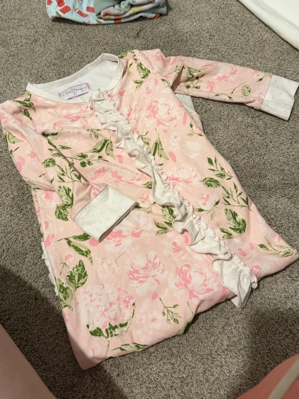 SweetHoney Pink Floral Ruffle Sleep Sack with Green Leaf Accents